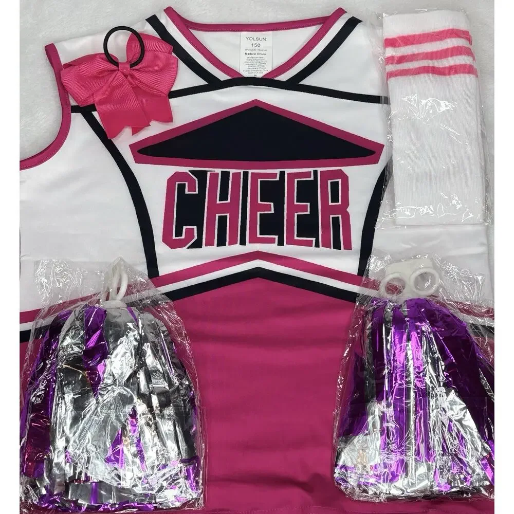 Yolsun Girls 10-11yrs Pink, Black, & White Cheerleader Halloween Costume New